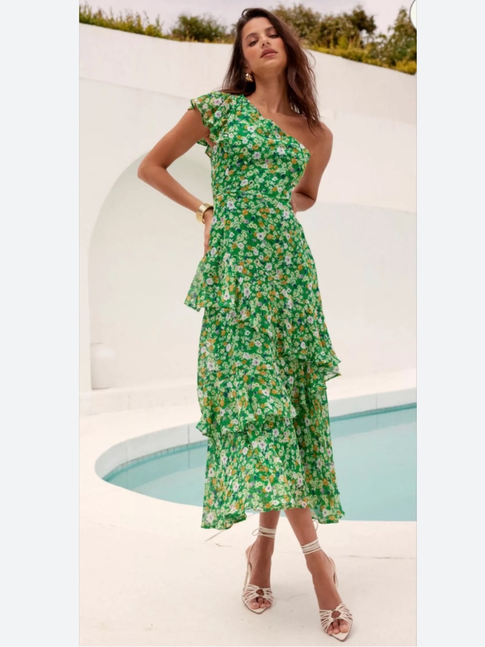 Astr Green One-Shoulder Floral Ruffle Midi Dress